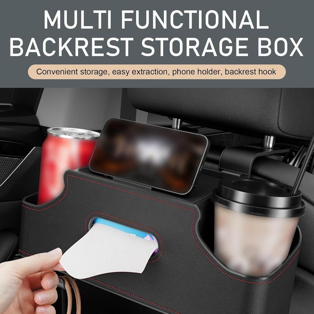 1 PC Car Seat Back Organizer, Car Back Seat Multi-Function Storage Box With 2 Drink Cup Holders, 11.42" X 3.35" Leather Tissue Organizer, Universal