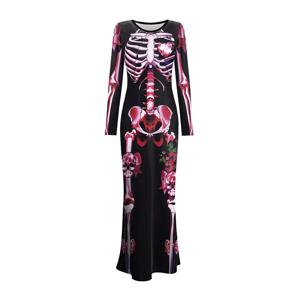 Höst vinter Cosplay Halloween damkläder svarta maxiklänningar vintage personlighet skelett digitalt tryck långärmad klänning för kvinnor kjol