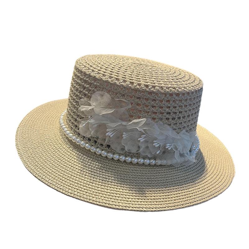 Flat top straw hat female pearl summer travel sun hat vacation beach hat versatile face hat