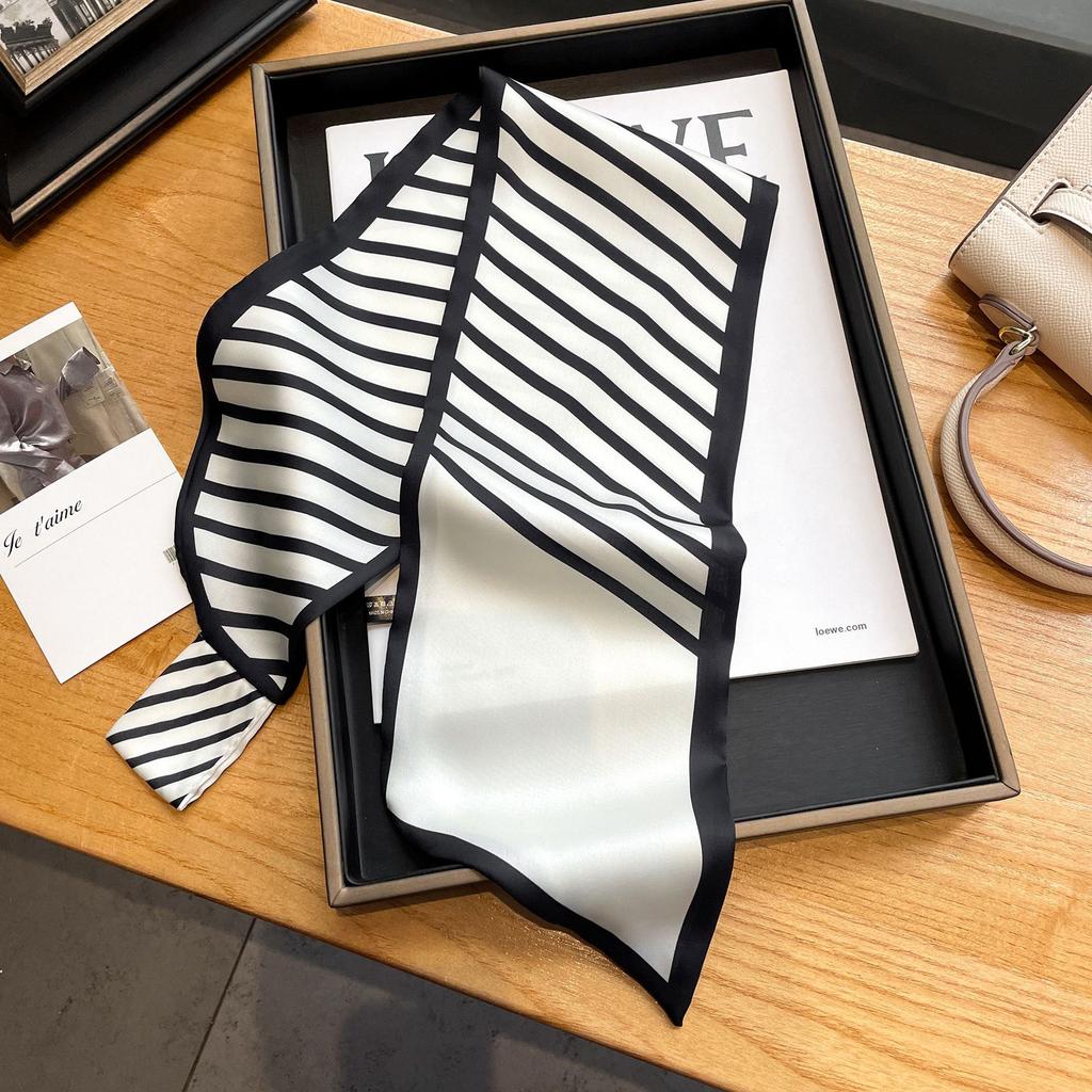 Decorative silk scarf, small long strip for women, long square scarf in spring and autumn, lazy buckle, striped scarf, thin ribbon, headband, neck