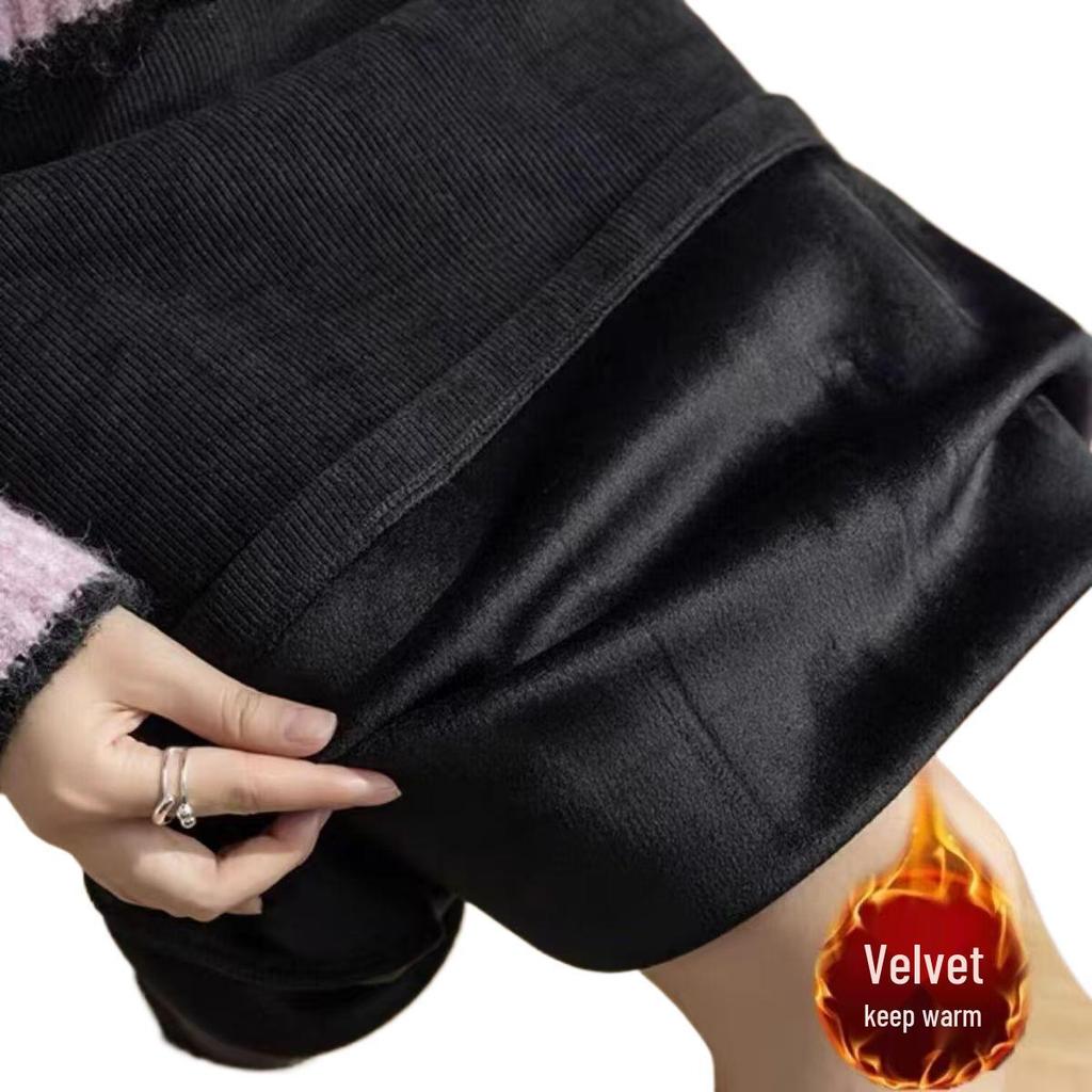 High-Waist Black Corduroy Midi Skirt: Thickened for Autumn/Winter with Slimming Slit