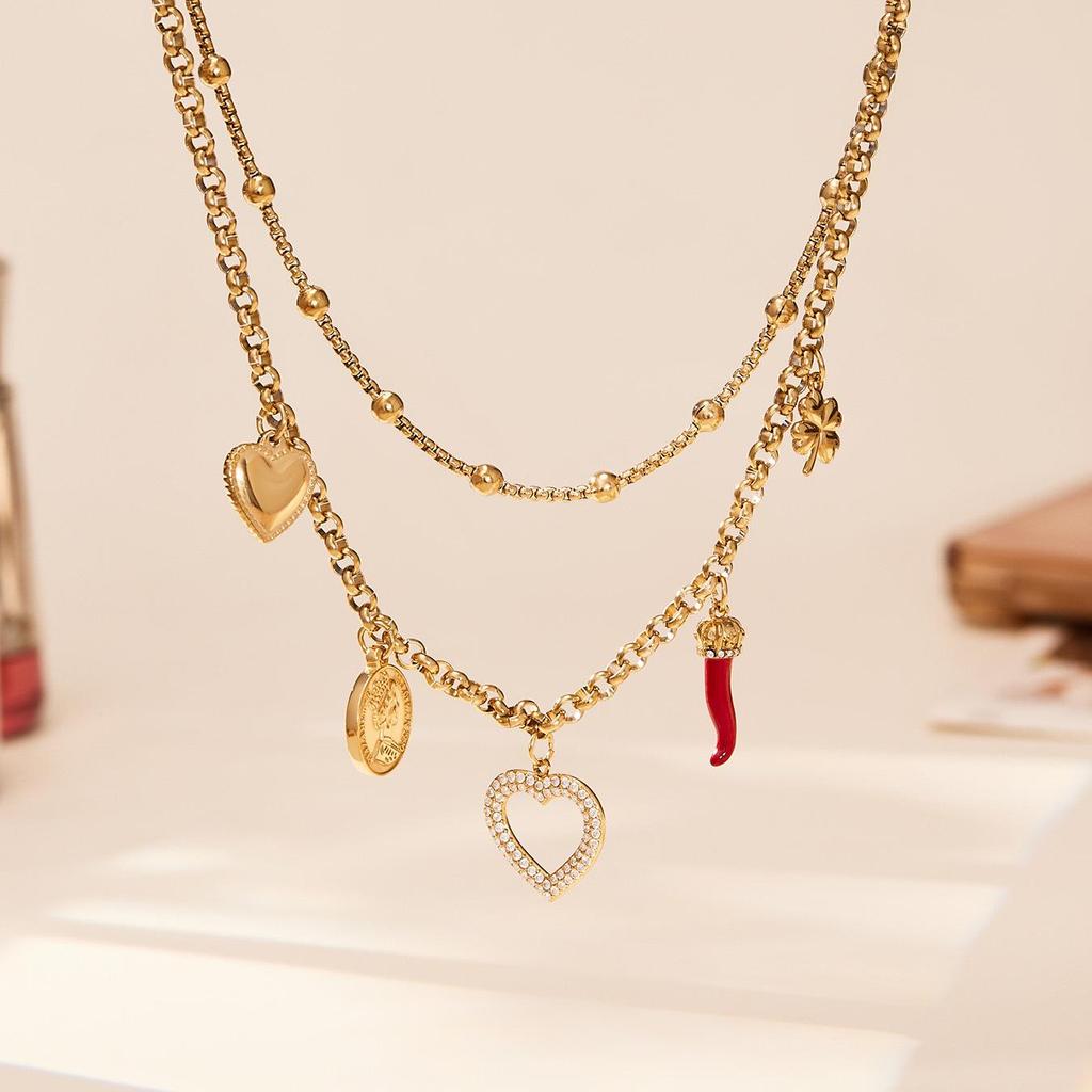 Qiong Yao 5A Zirconia Clover Heart Double Layer 18K Gold-Plated Necklace