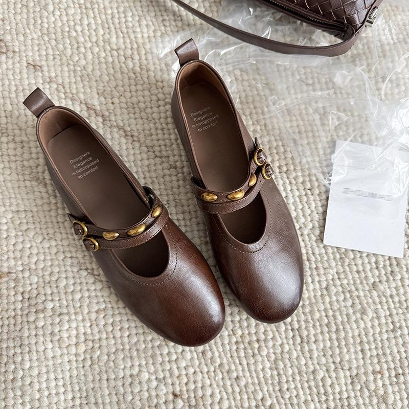 

2025 осень новые туфли на плоской подошве одинарные туфли супер мягкие вечерние туфли абрикосовые туфли французские двубортные кожаные туфли Мэри Джейн 39 темно-коричневого