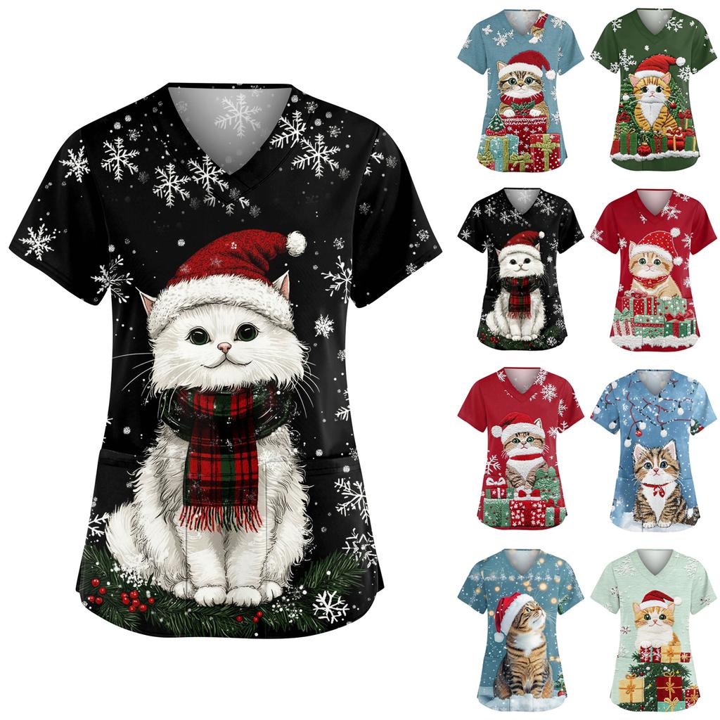 Damen Modische V-Ausschnitt Arbeitskleidung Weihnachten Bedruckt Kurzärmlig Tasche Seitenschlitz Arbeitskleidung Basic Pullover Top