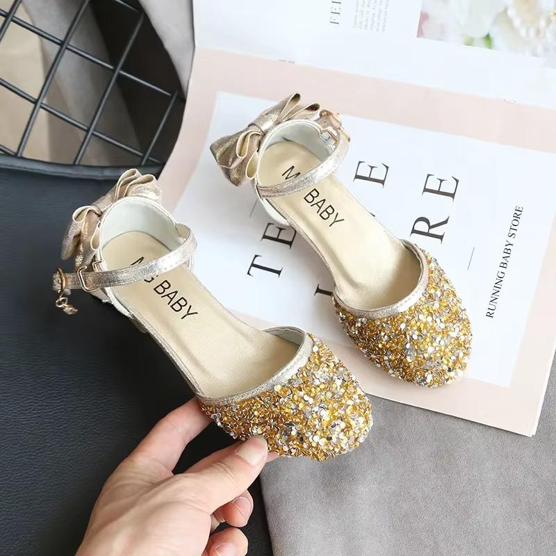 

Children s Sandals Summer High Heeled Shoes for Girls Bowknot Crystal Sequins Wedding Party Shoes Princess Sneakers I03265 26 золотой