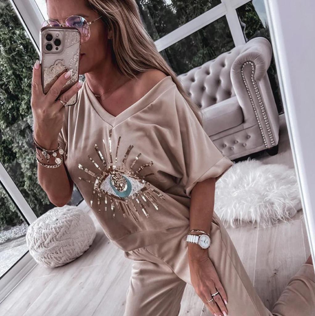 Böses Auge Pailletten Damen Sommer Set: Kurzarm-Oberteil & Lange Hose