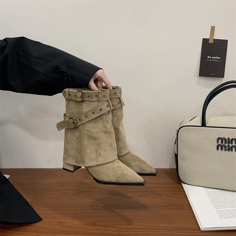 Western Cowboy Coarse Heel Pants Boots Women's 2025 Autumn and Winter New Fashion Spice Girl Medium Tube Muse Van Martin Boots