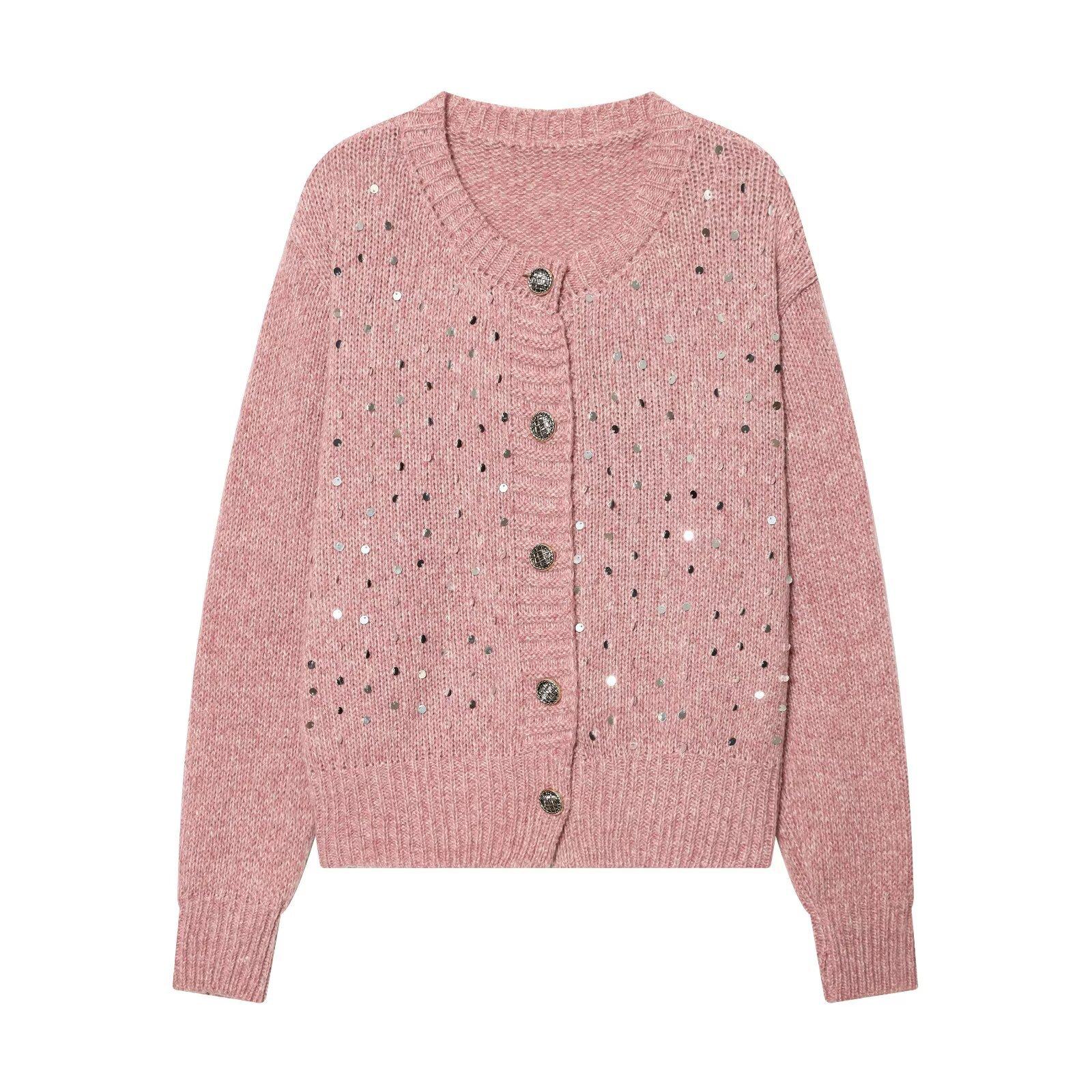 European and American style, new women s clothing, foreign style, fashionable, casual, fashionable, sequined knitted cardigan S розовый