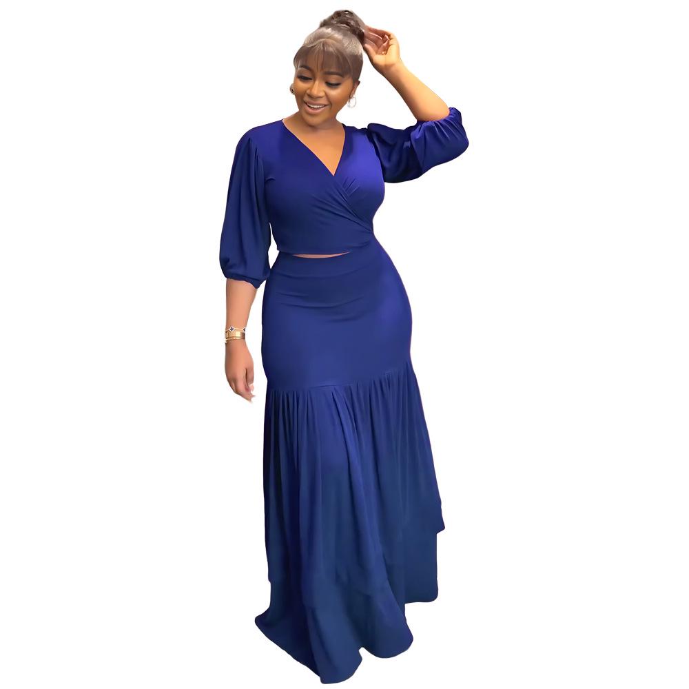 

Облегающий комплект из короткого топа и юбки с высокой талией на весну/лето — в европейском и американском стиле для поездок на работу. Extra Large синий