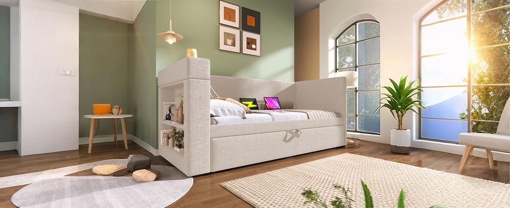 Upholstered daybed 90x190 cm, sofa bed, pull-out bed, armrests, USB & Type-C charging port, cup holder, linen blend fabric, beige, without mattress.