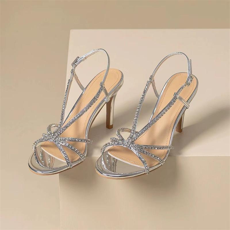 Fashion French Rhinestone High Heels For Women Slender Heels With Exposed Toes Sexy Fairy Style One-Shoulder Silver Thin Strap Sandals