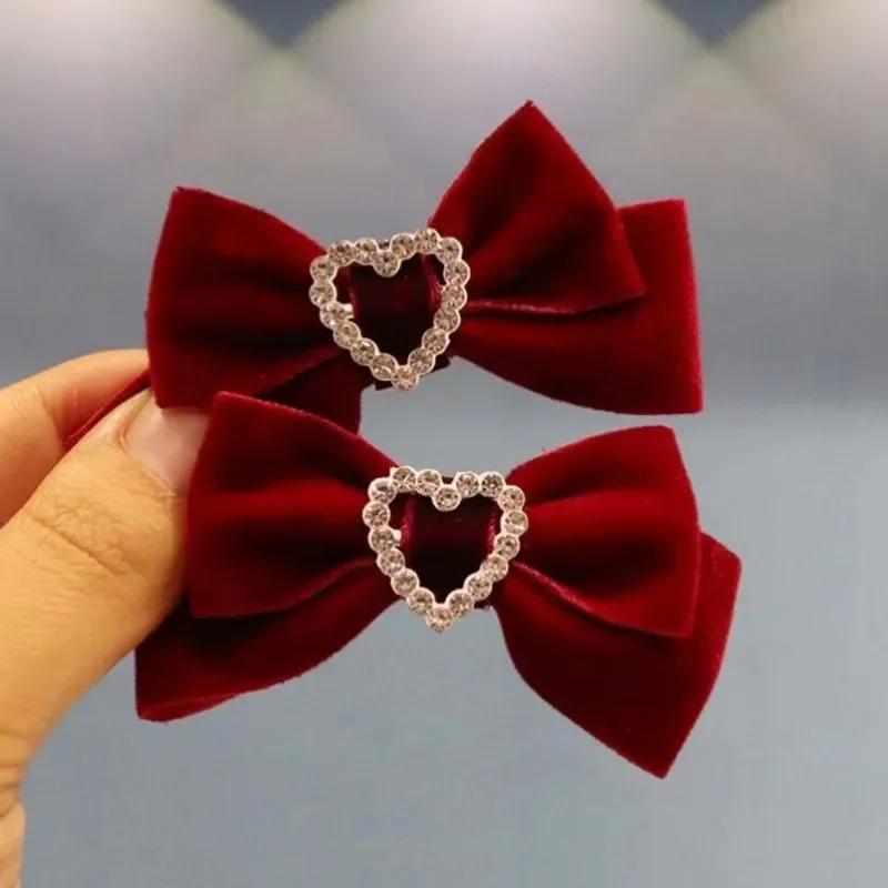 2pcs Elegant Princess Velvet Baby Hair Clip Sweet Belt Bow Heart Style Barrettes Cute Kids Girl BB Clip Children's Headwear