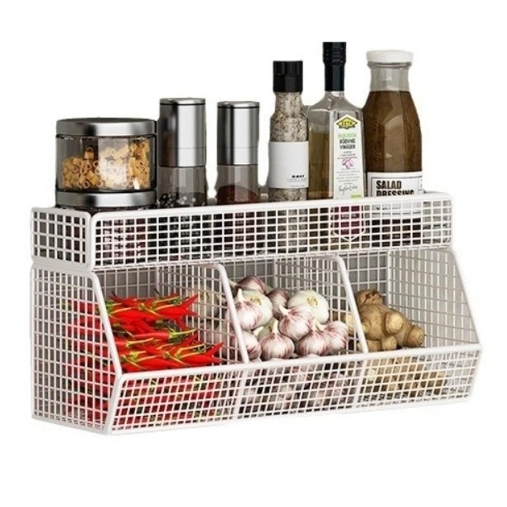 Wall Mounted Hanging Fruits Basket Double Layer Onion Storage Wire Basket  for Garlic