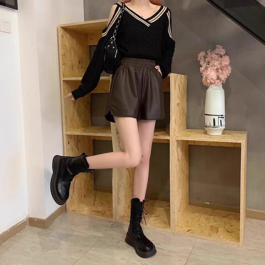 Women's High-Waisted PU Leather A-Line Shorts - Winter 2024, Versatile Wide-Leg Bootcut Pants