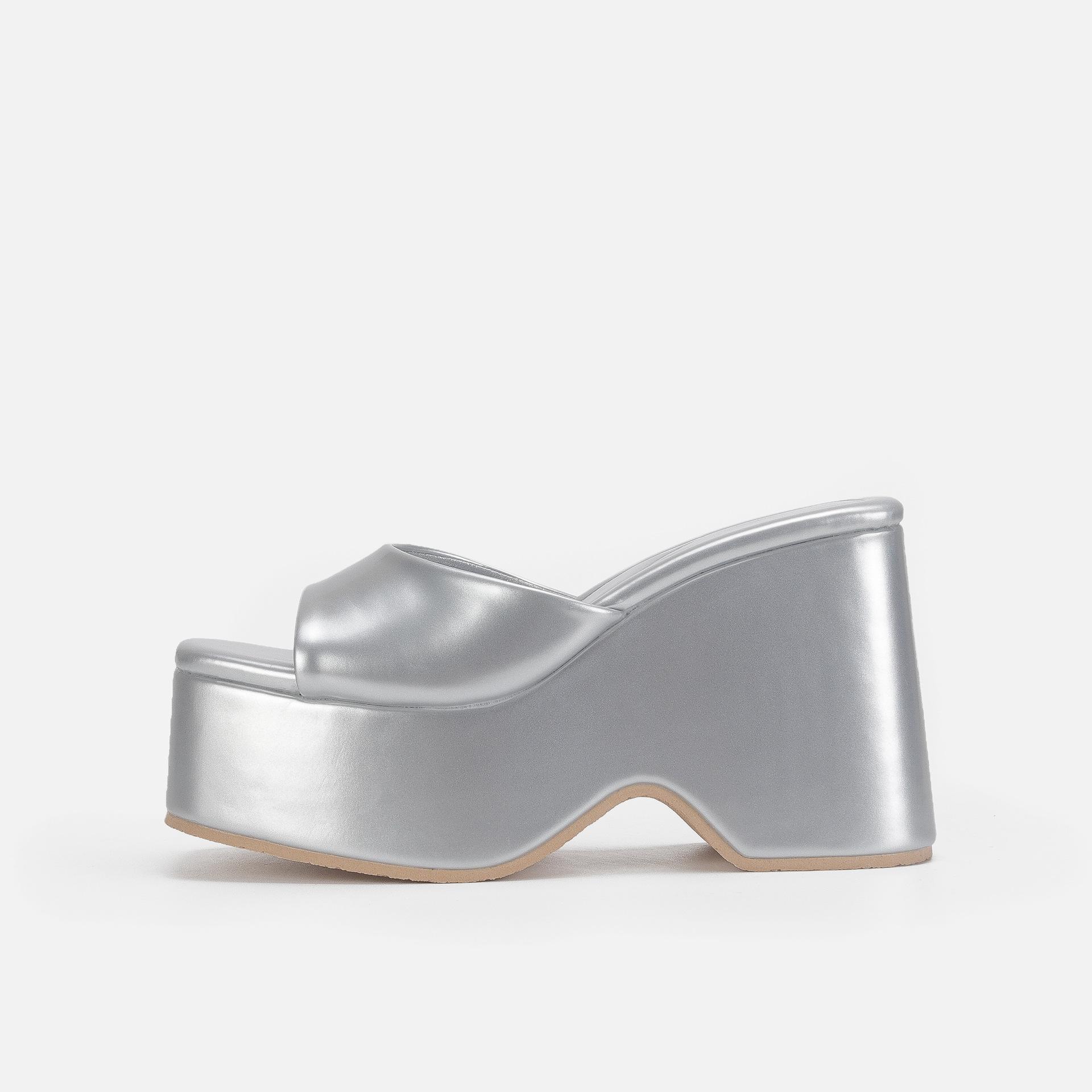 

Женские шлепанцы на высоком каблуке большого размера, платформа, танкетка, многоцветные сандалии с открытым носком, высокий каблук 43 серебряный