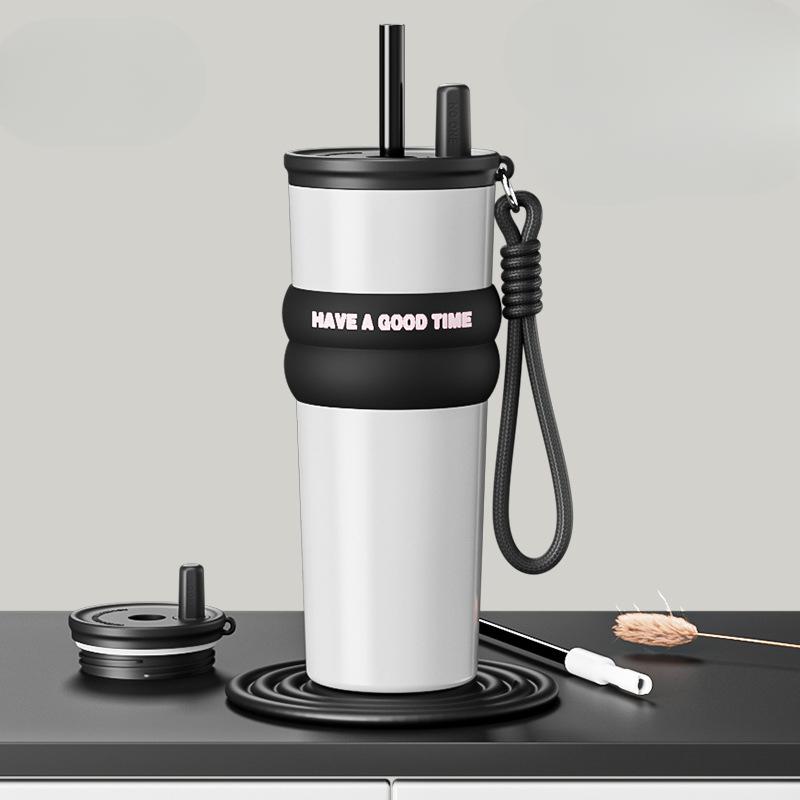Straw Thermos Drinking Cup Boys Stylish Female Car Stainless Big Cap Coffee Cup Portable Accompanying Drinking Cup Durable Durable