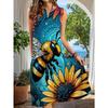 Robe midi sans manches à col fendu pour femme avec imprimé abeille et tournesol, Robe décontractée ample pour l'été et les vacances à la plage