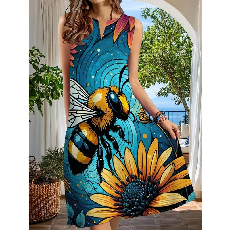 Robe midi sans manches à col fendu pour femme avec imprimé abeille et tournesol, Robe décontractée ample pour l'été et les vacances à la plage