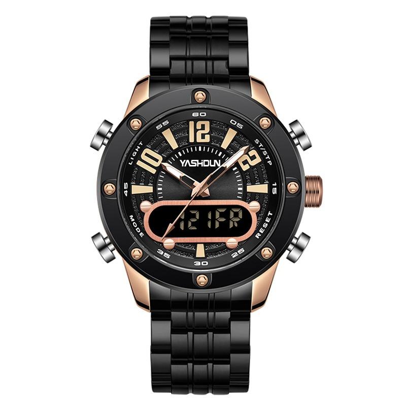 Top Brand Multifunctional Dual Display Electronic Watch Sport Men's Watch Steel Strap Quartz Wrist Watch