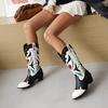 women's leather boots embroidered medium boots low heel color matching boots