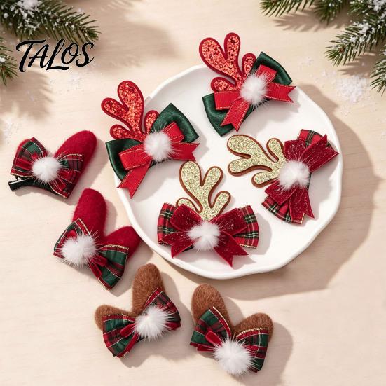 Decorative Antler Hair Pins 2Pcs Christmas Clips with Plaid Bows and Pom Poms Decor, Festive Holiday Winter Party Accessories for Women Girls,