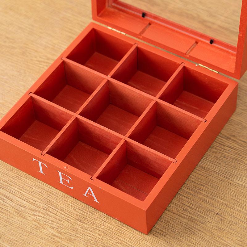 Holz Teebeutel Aufbewahrungsbox mit Klarsichtdeckel 9 Fächer Quadratischer Behälter Schreibtisch Schmuck Organizer Teebox Etui