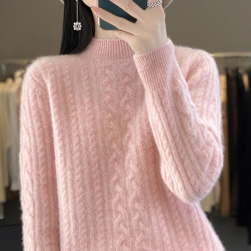 Autumn/Winter 2025 Women's High Neck Pure Wool Cable Knit Slimming Long Sleeve Top