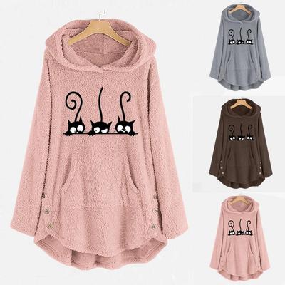 Damen Fleece-Pullover mit Katzenstickerei, Übergröße, warm, Kapuzenpullover, Knopfleiste