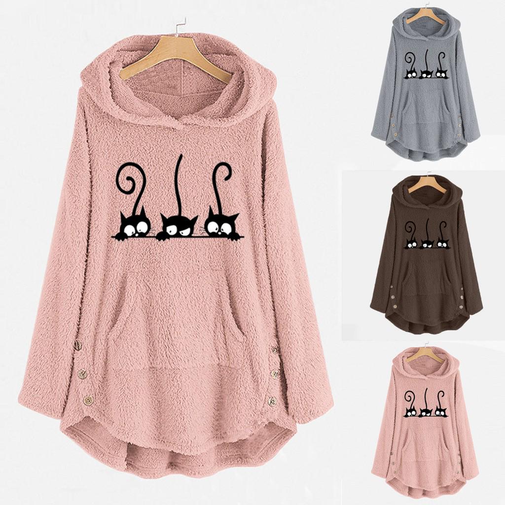 Blusa de suéter con botones y capucha cálida de talla grande con bordado de gato de forro polar para mujer