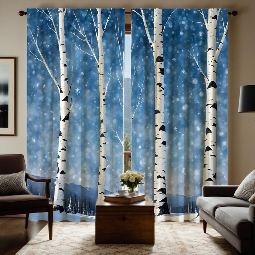 2pcs Set HD Large Natural Poplar Decorative Curtain Blue Tie Digital Printed Curtain Home Decoration Style Decoration Living