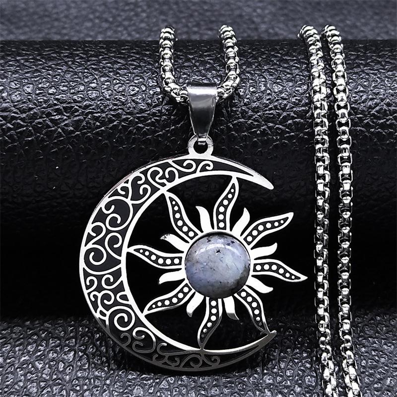 

Gothic Moon Sun Pentagram Necklace Stainless Steel Zirconia Jewelry with Invisible Crescent Pendant