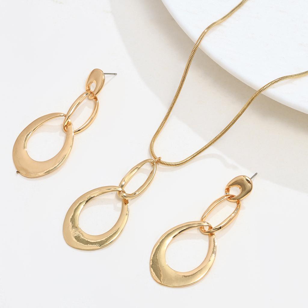 Elegant Metal Water Drop Ring Tassel Long Pendant Necklace Earrings Jewelry Set
