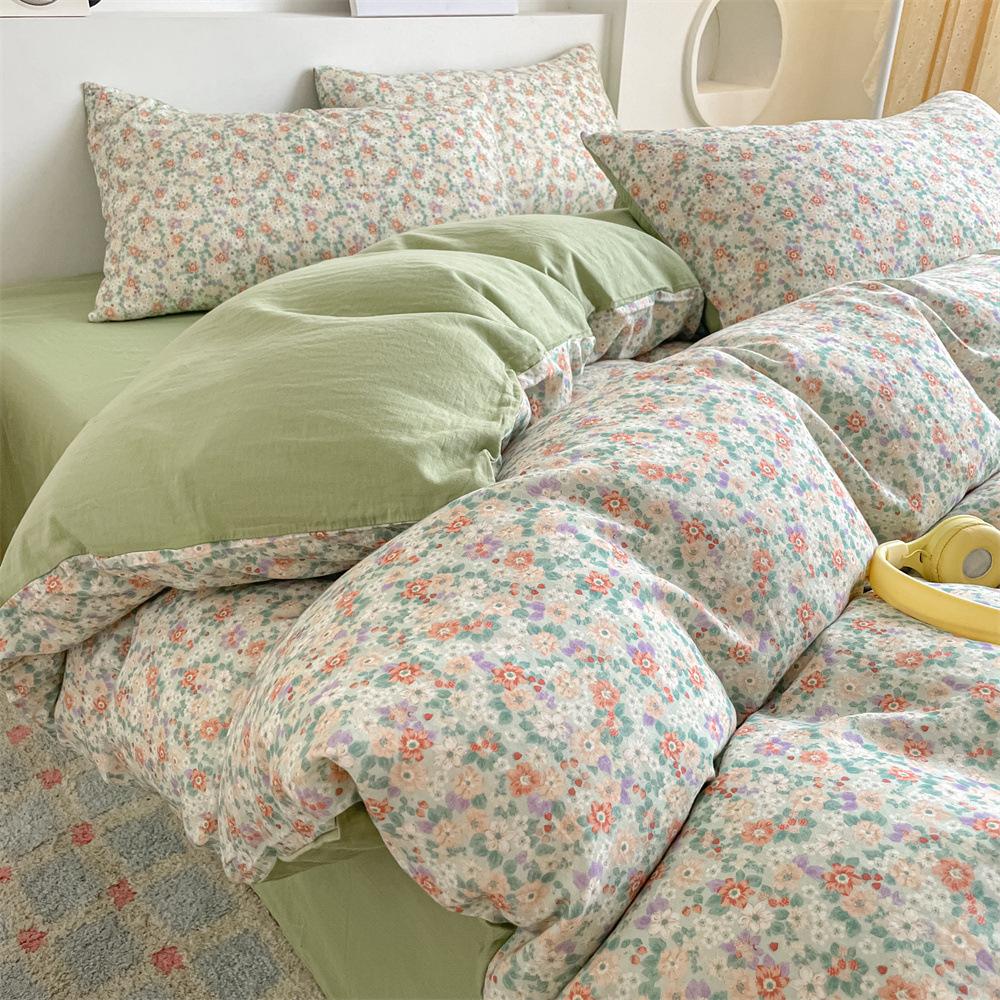 Pure Cotton Class A Maternal And Infant Grade Double-Layer Yarn Four-Piece Set, Summer Breathable Small Floral Dormitory Can Be Washed Without Pilling