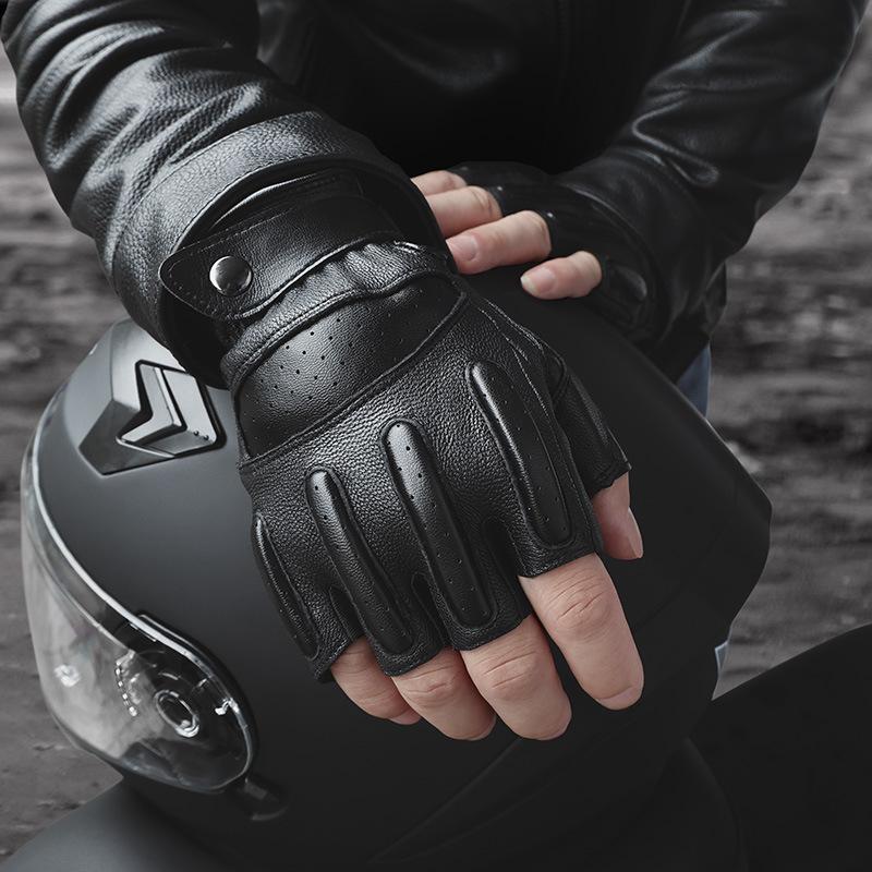 Sheepskin Motorcycle Gloves Breathable and Non Slip Summer Men's Genuine Leather Half Finger Sports Motorcycle Riding Gloves