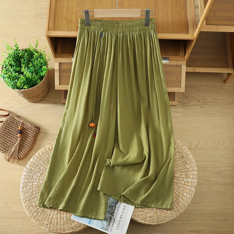 DIMANAF 2026 Plus Size Women Linen Pants Elastic Waist Vintage Basic Lady Wide Leg Long Pants Oversize Loose Tencel Solid
