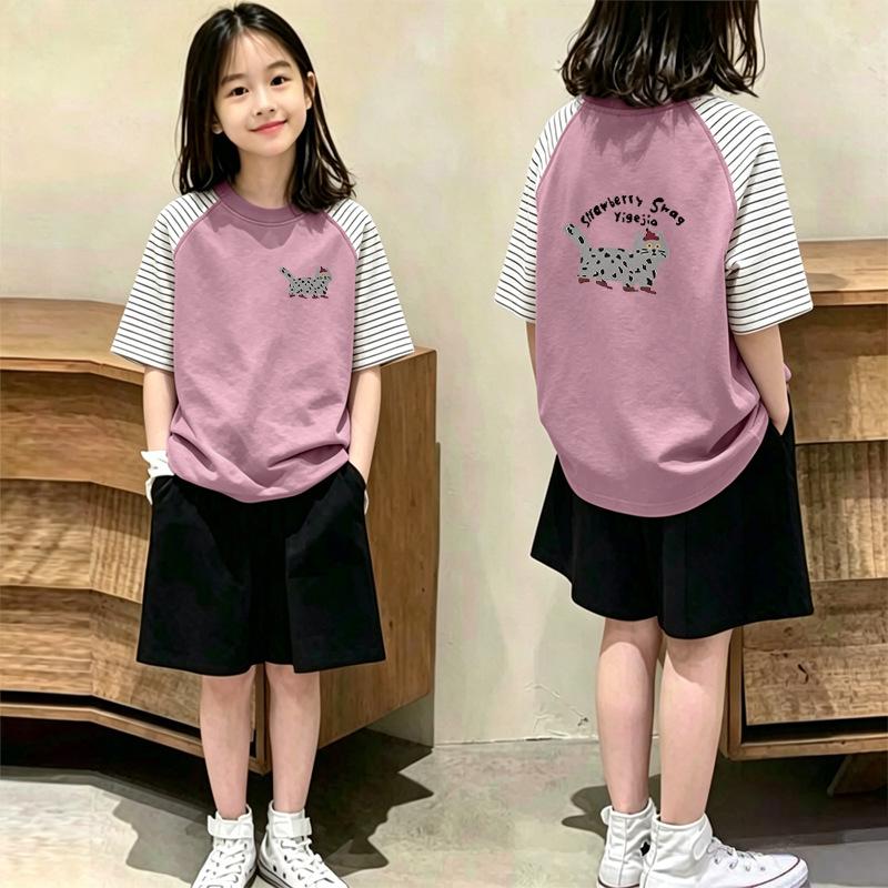 Girls' Cotton Striped Patchwork Short-Sleeve Two-Piece T-Shirt Set for Summer