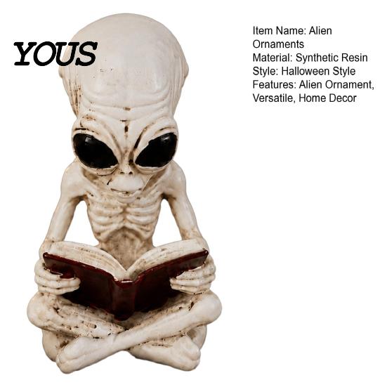 Collectible Alien Art Pieces Cross Legged Reading Book Skeleton Figurine, Resin Sci-Fi Gothic Personalized Birthday Souvenirs Halloween Ornament,