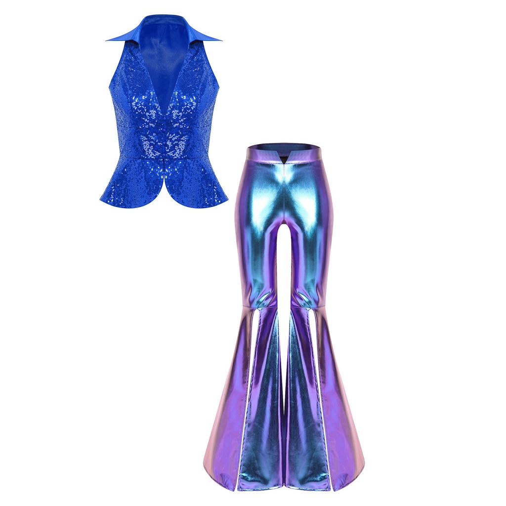 S-3XL Brokatowy Zestaw Dwuczęściowy Disco Sequinowy Kołnierz Krótka Kamizelka i Spodnie Dzwony z Wycięciem po Boku na Klub Nocny Studniówkę