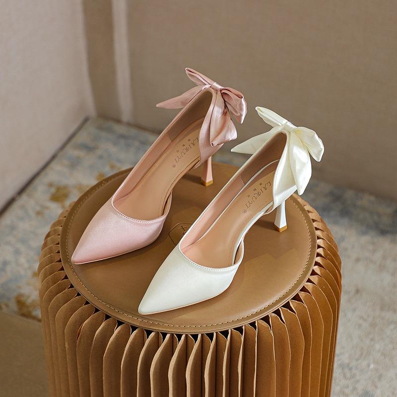 New Side Empty High Heels Women's Thin Heels Satin White Light Mouth Versatile Single Shoes Size