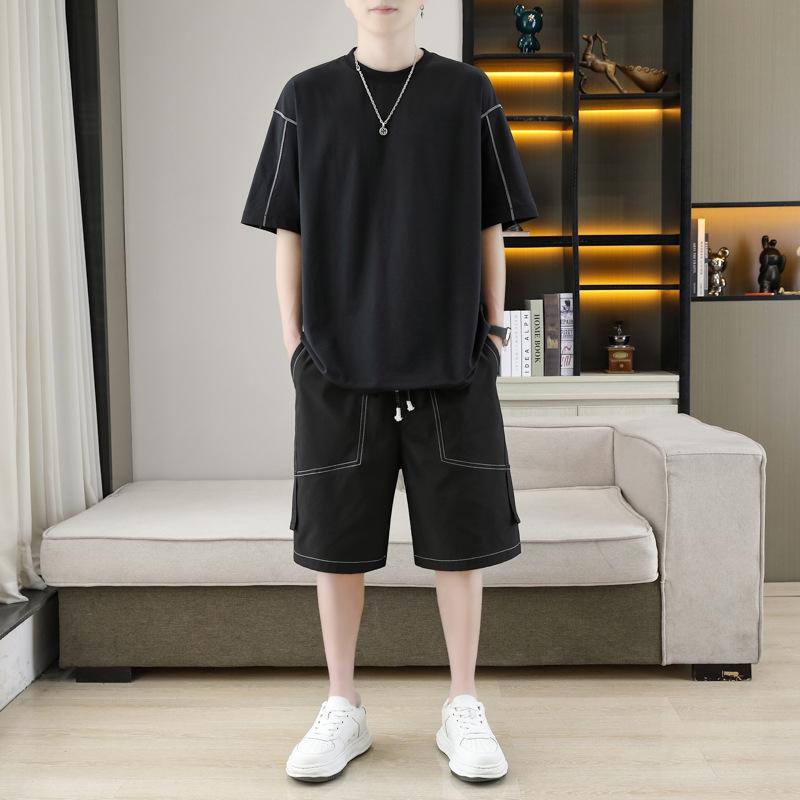 Men's New Summer Solid Color Simple Short-sleeved Shorts Two-piece Set Casual Loose Versatile Large Size Suit