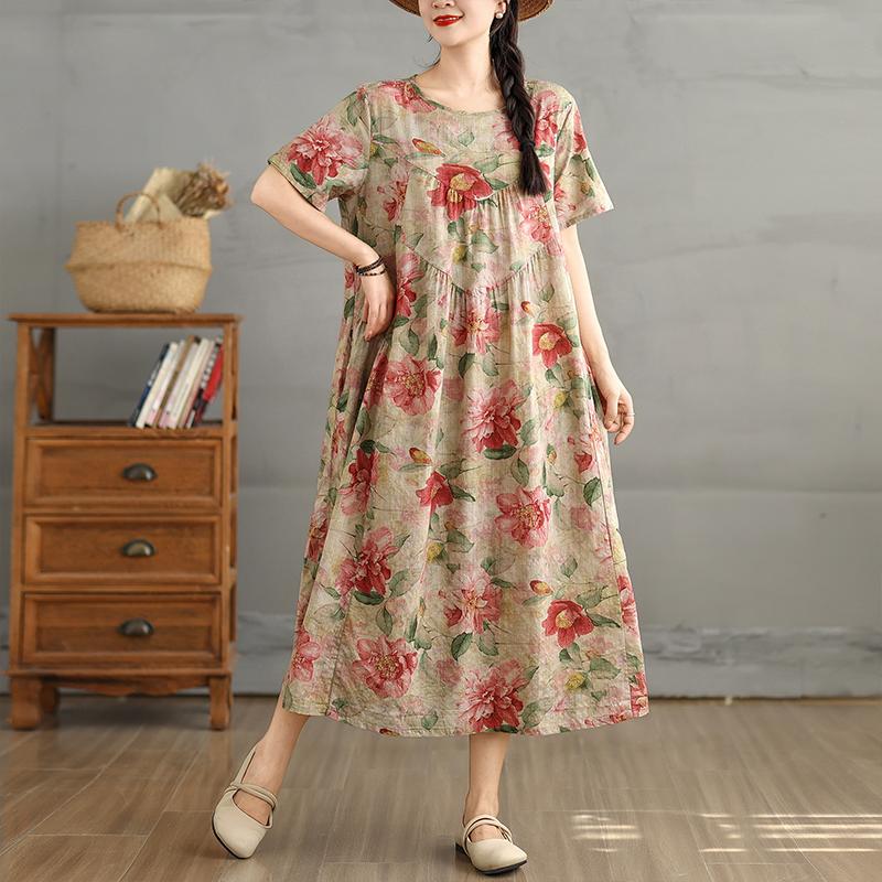 DIMANAF 2025 Women Plus Size Spring Summer Dress Casual Floral Dress Basic Vintage Loose Long Dress Maxi 9298