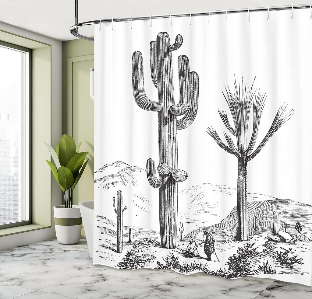 Cactus Shower Curtain, Sketchy Hand Drawn Print Of Desert Plants With Mexican Travellers Image, Cloth Fabric Bathroom