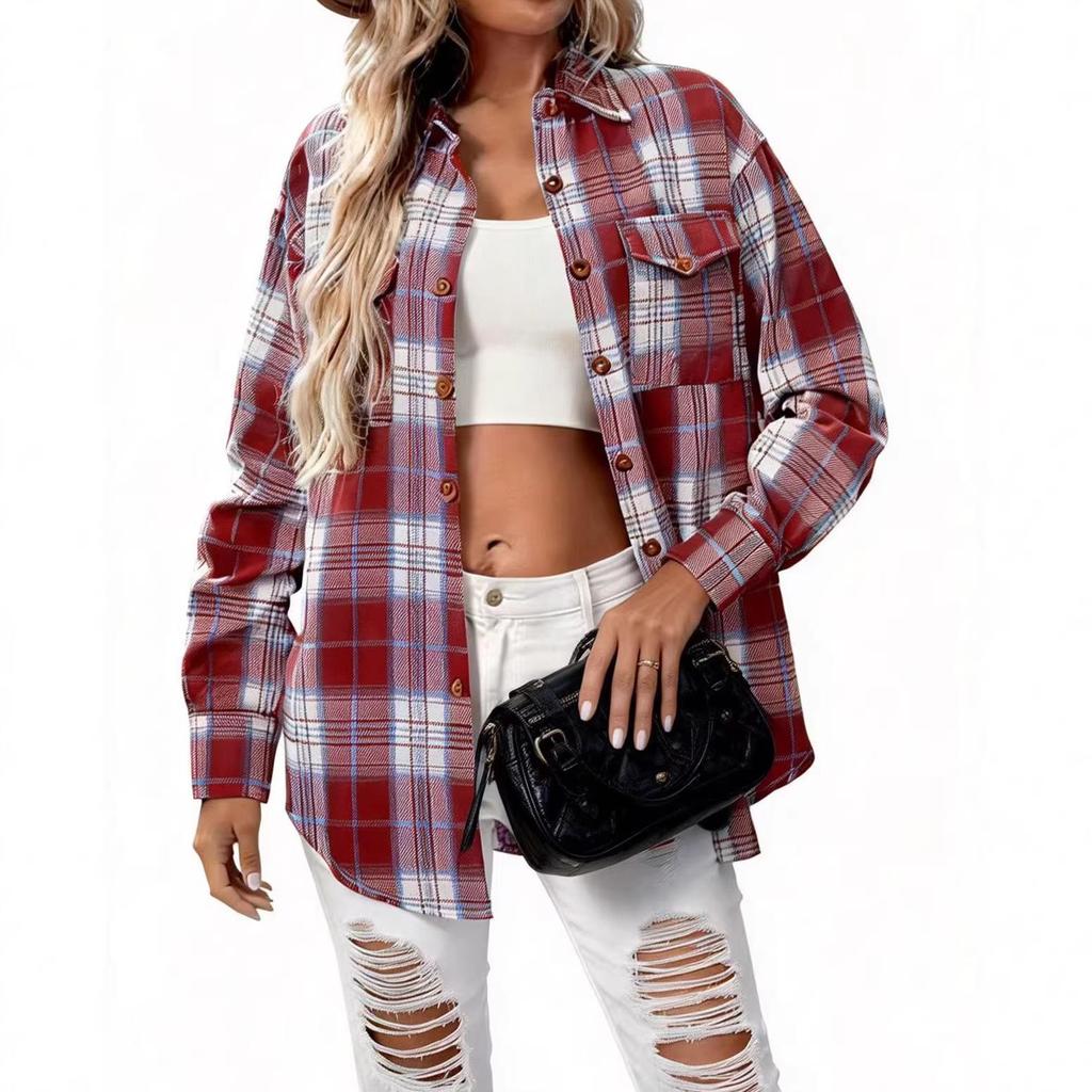 European & American Women's Casual Plaid Pocket Shirt – Autumn Winter 2025 Collection