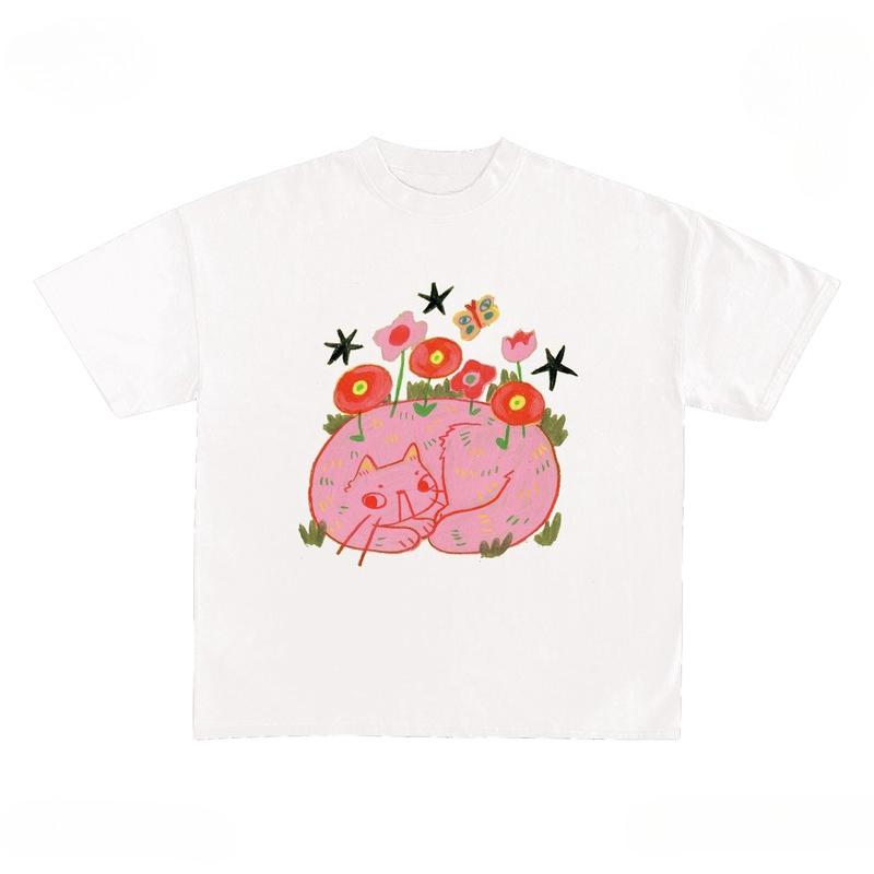 Flowers and Cat Printed Pure Cotton T-shirt Men and Women with The Same Round Neck Cotton Short-sleeved Kawaii Y2k Kpop T-shirt