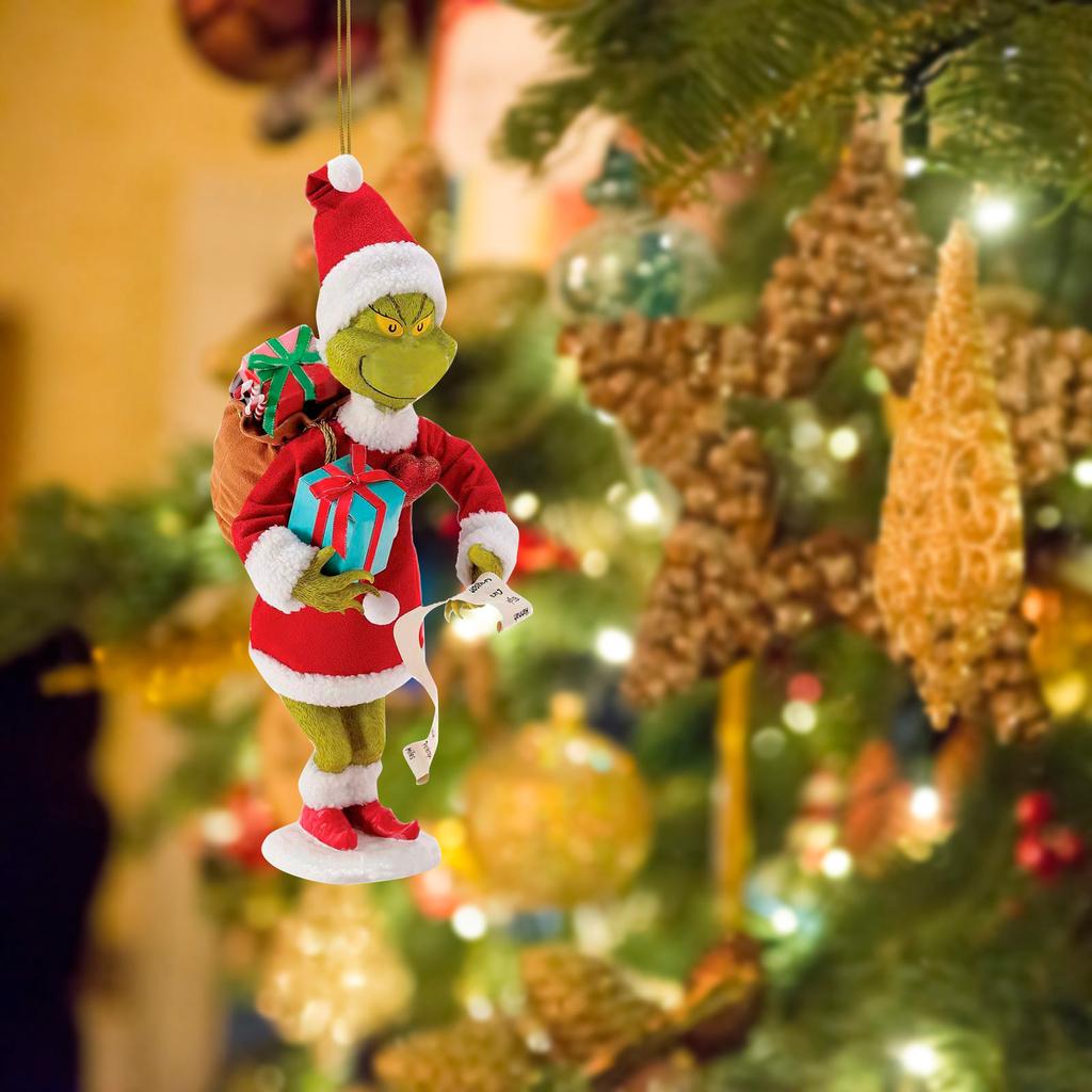 Christmas Tree Ornament with Green Character in Santa Outfit Holding Bah Humbug Sign, Festive Holiday Hanging Decoration, Durable Resin, 5 Inch