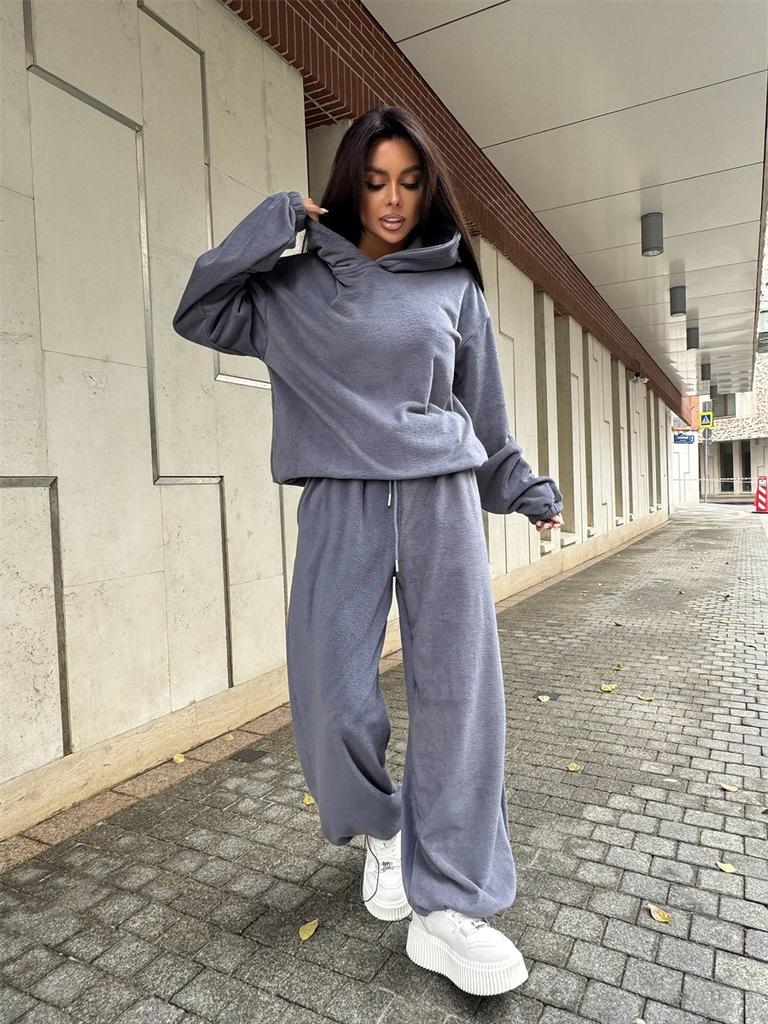 European and American casual fleece suit women's solid color long-sleeved hooded loose sweater lace-up pants two-piece set