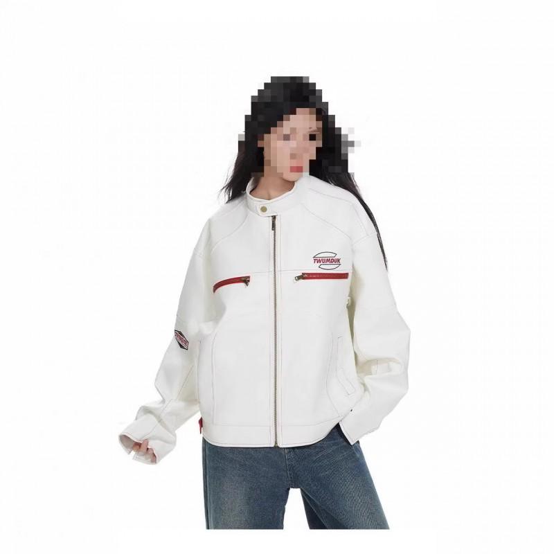 Mens White Cropped Leather Jacket Slim Fit Stand Collar Casual Streetwear Bomber Fall