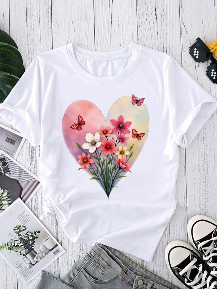 (Asian Size) sweet watercolor style  Short Sleeve T shirt Printed T-shirts O-neck Casual Clothing Fashion Female Women's Top  Graphic Tee