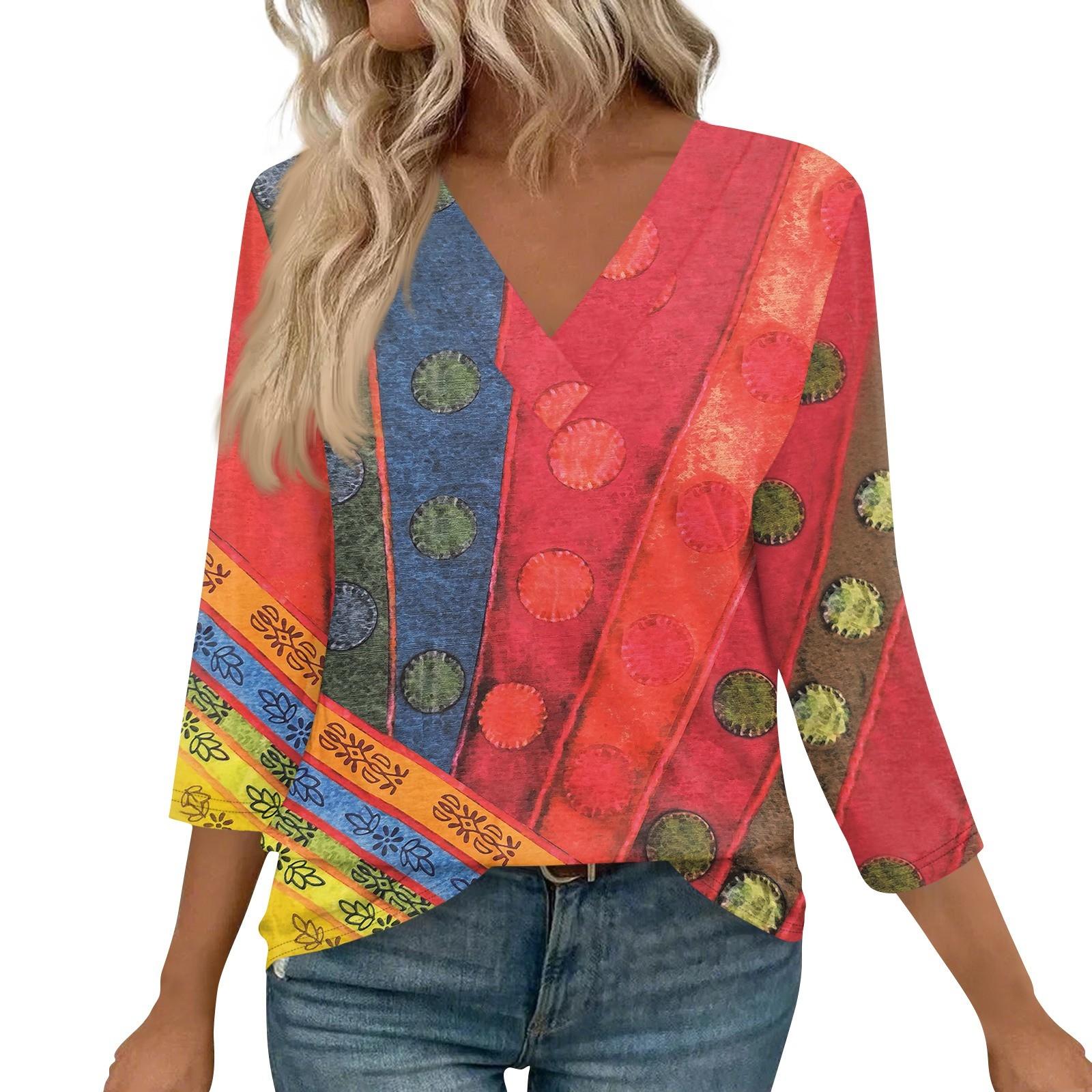 

Жіночі топи з V-подібним вирізом, повсякденні туніки, звичайні сорочки, вільні блузки з рукавом 3/4 XL червоний