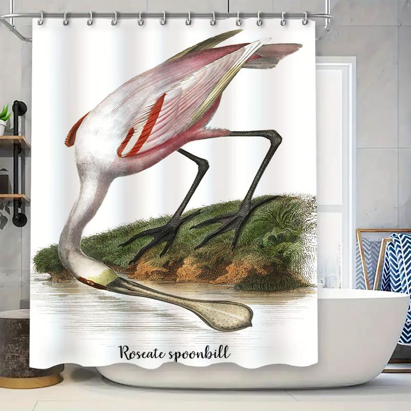 

Розовая колпица Занавеска для душа Розовый лебедь Перьевой узор Идеально подходит для ванных комнат Домашний декор Принт розовой колпицы Водонепроницаемый F 90x180cm